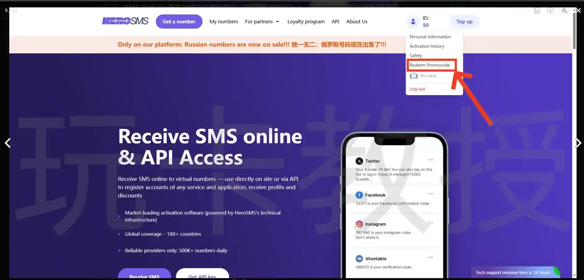 sms-activate把余额转到HEROSMS时，点击头像的这个redeem Promocode