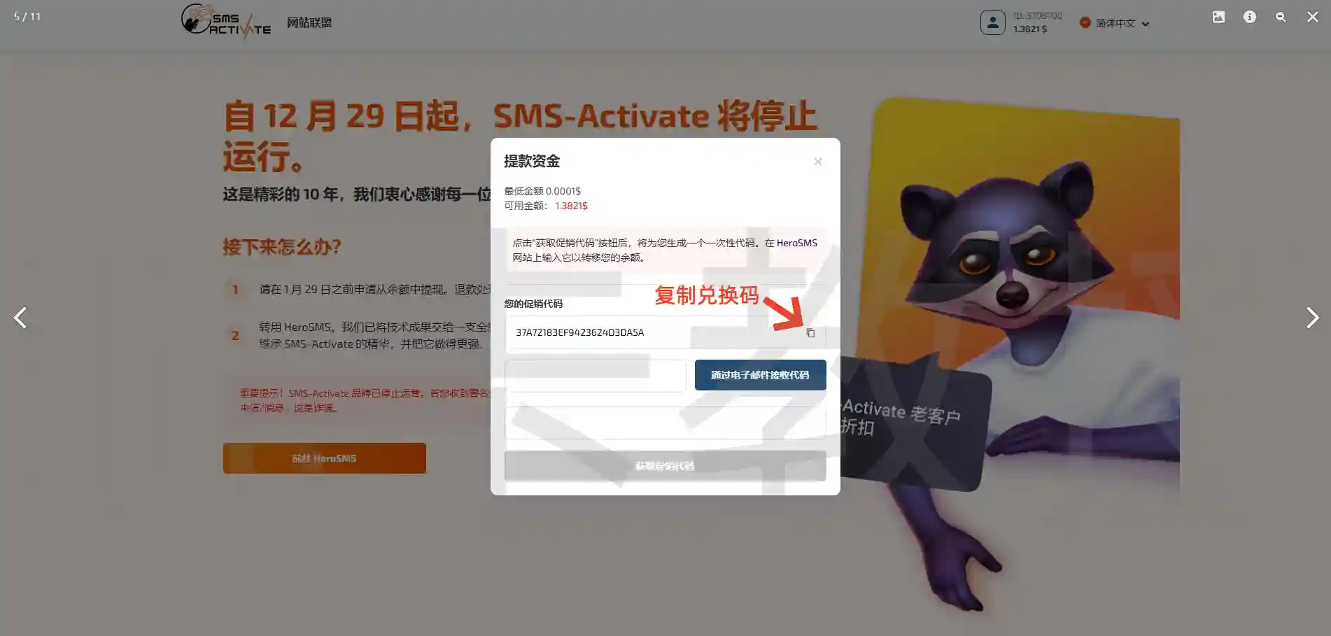 把sms-activate上的兑换码复制下来，并保存好
